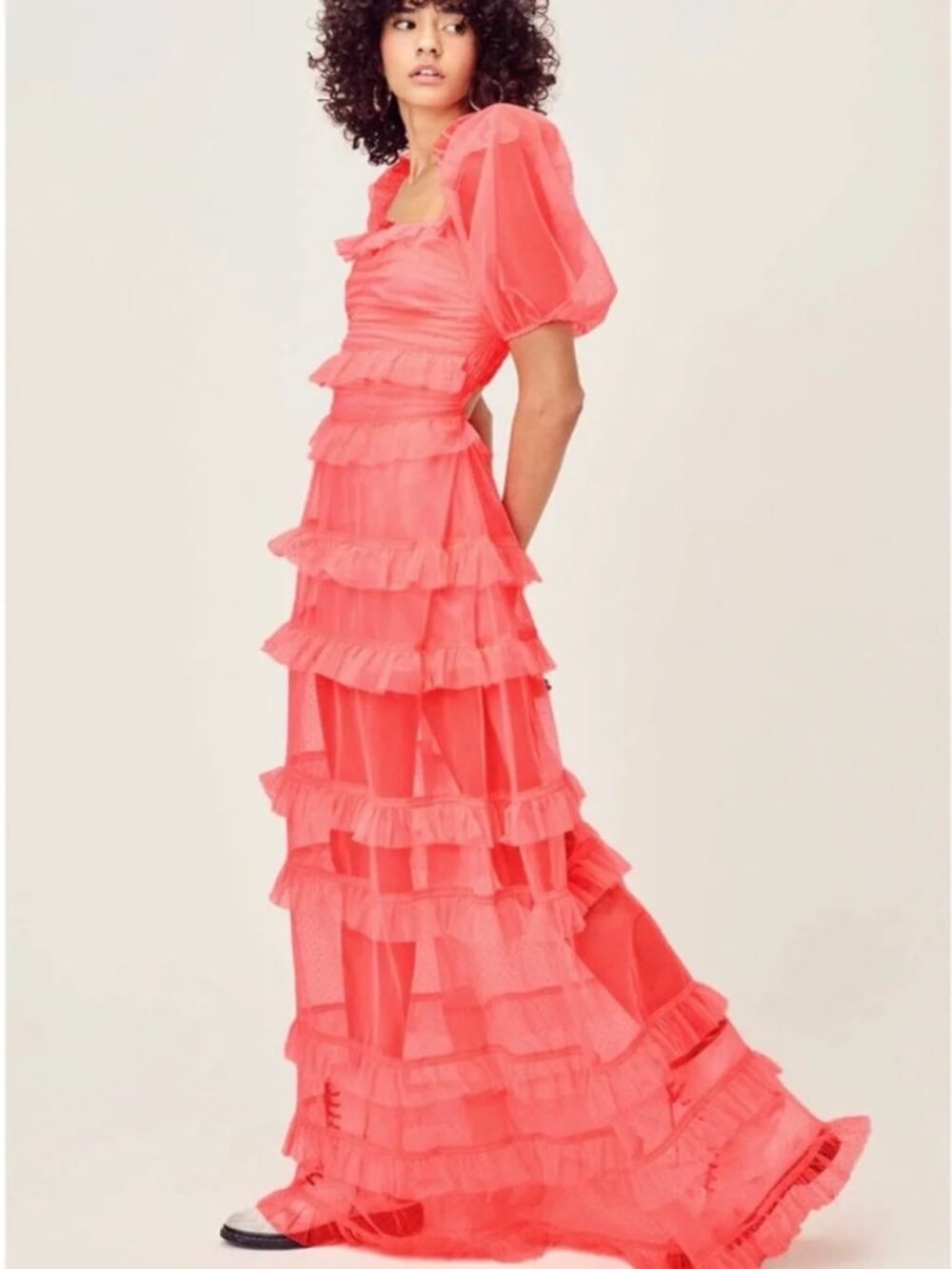 For Love & Lemons Neon Coral Pink Mesh Tiered Ruffle Maxi Dress
